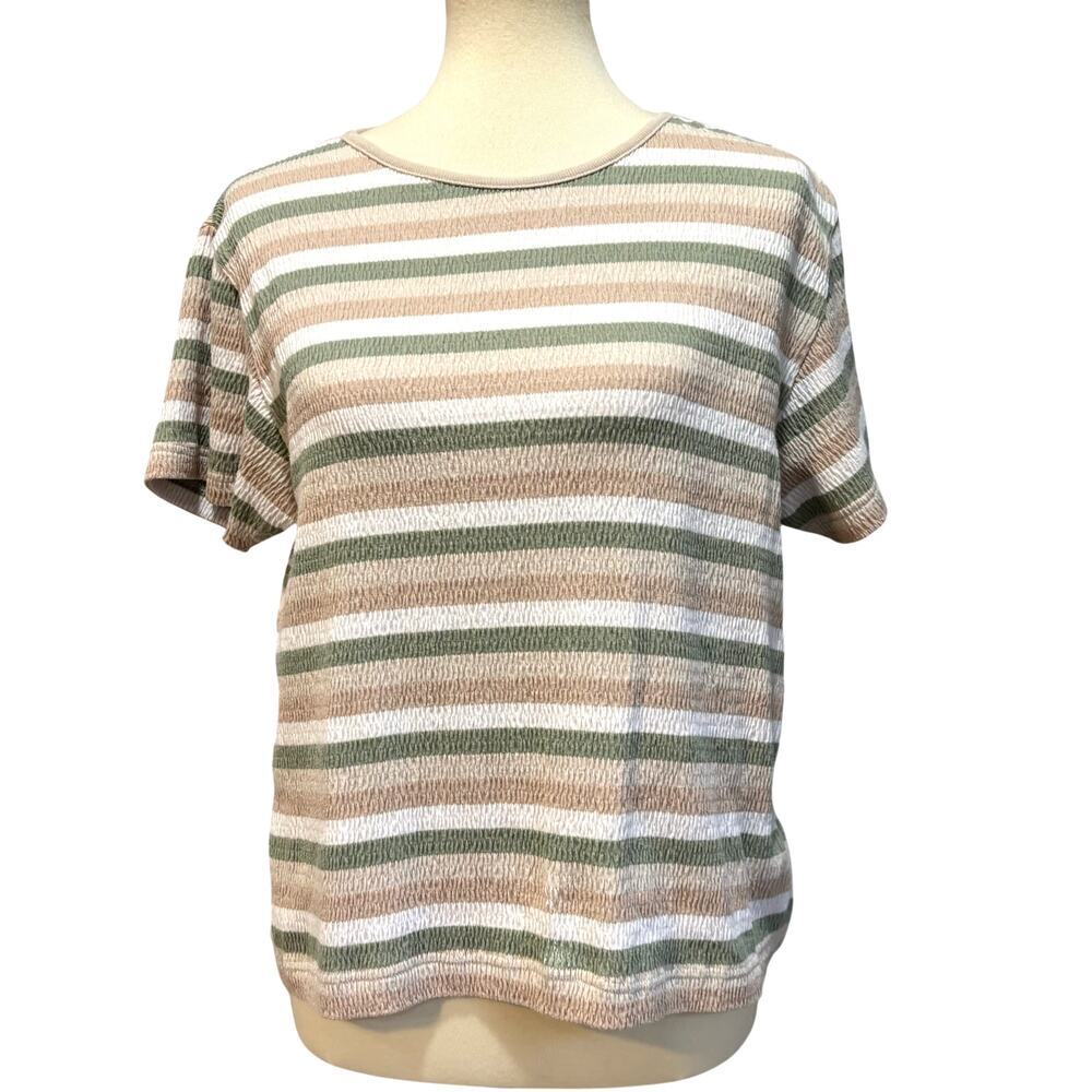 VTG 90s Striped Knit Tee M Earth Tone Grunge Normcore Crewneck Short Sleeve